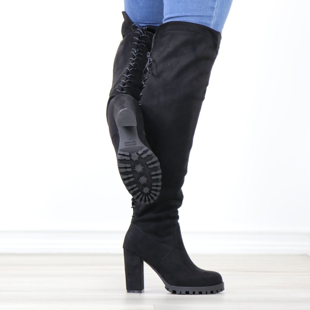 Full Lace-Up Back Black Faux Suede Thigh High Over The Knee Lug Block Heel Boots - Picture 9 of 14